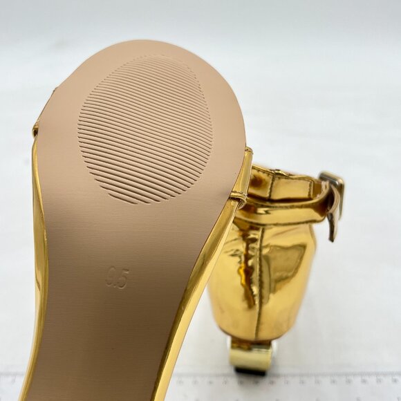 FYS Gold Rhinestone Studded Round Toe Sandals Ankle Strap Block Low Heels Shoes - Picture 6 of 8